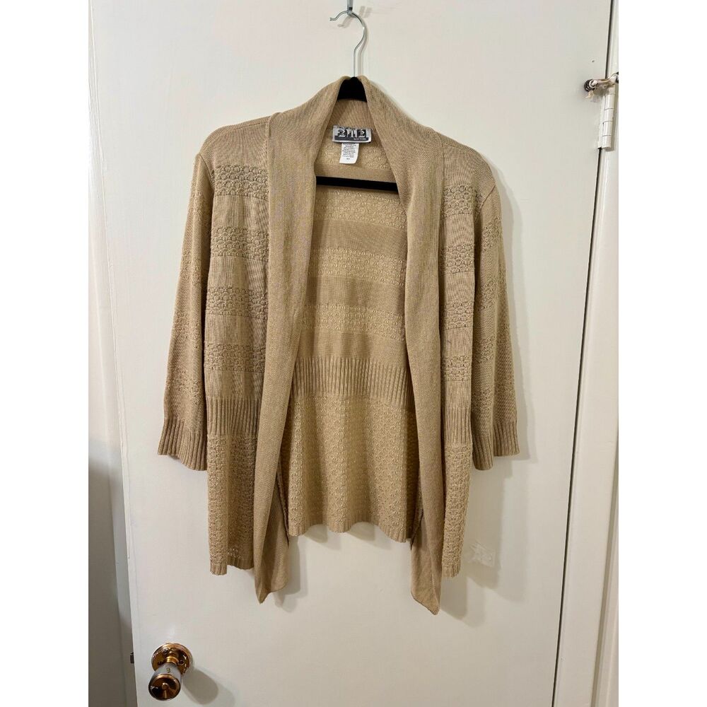 212 Tan Medium Flyaway Cardigan - Pointelle Crochet Textured  - 3/4 Sleeves